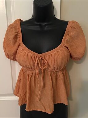 Women's Babydoll Puff Sleeve Tie-Front Top - Rust Orange